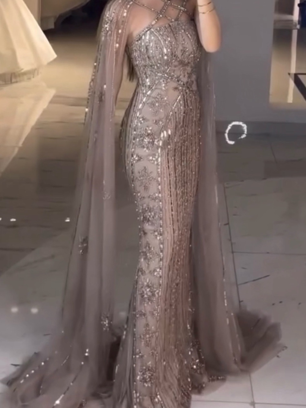 Embellished Taupe Evening Gown with Cape dress
